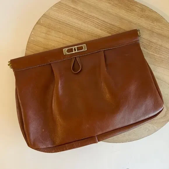 Vintage 90s Tan Genuine Leather Snap Closure Clutch Evening Bag - Picture 2 of 12